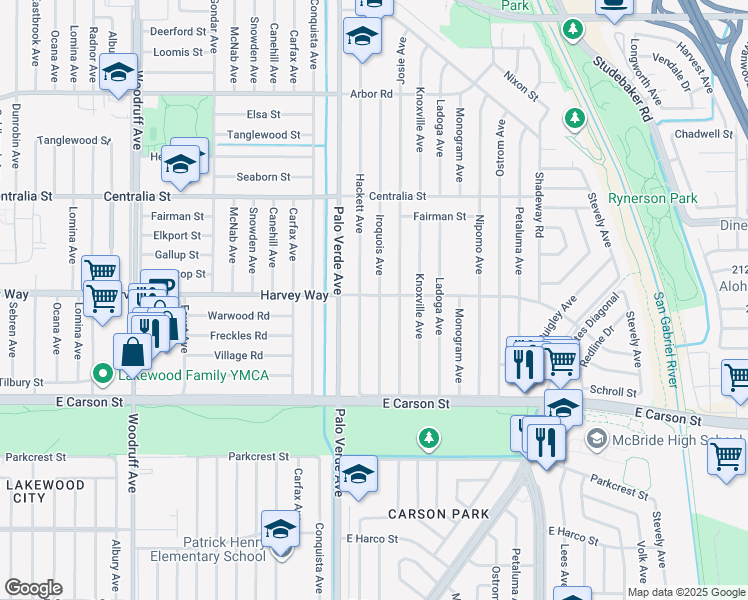 map of restaurants, bars, coffee shops, grocery stores, and more near 4249 Josie Avenue in Lakewood