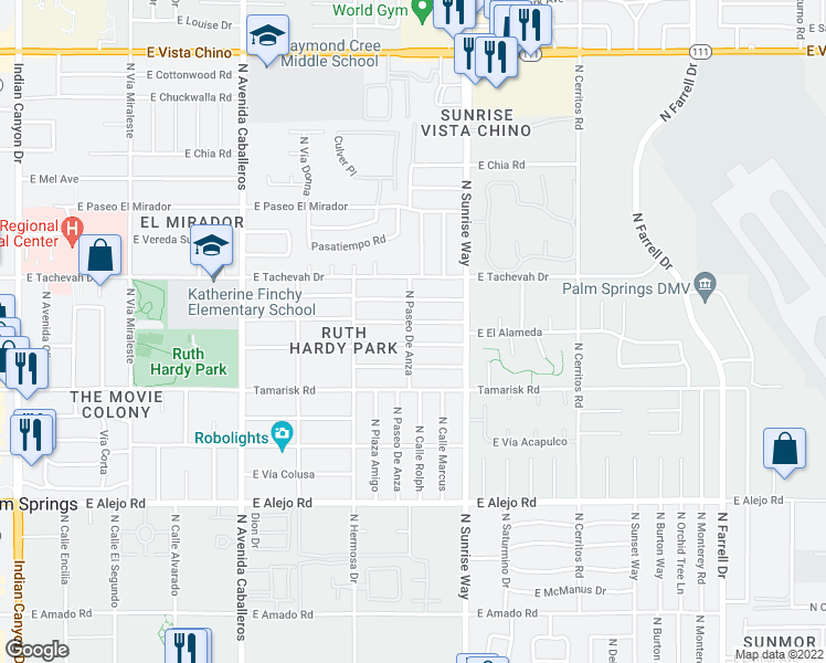 map of restaurants, bars, coffee shops, grocery stores, and more near 978 North Paseo De Anza in Palm Springs
