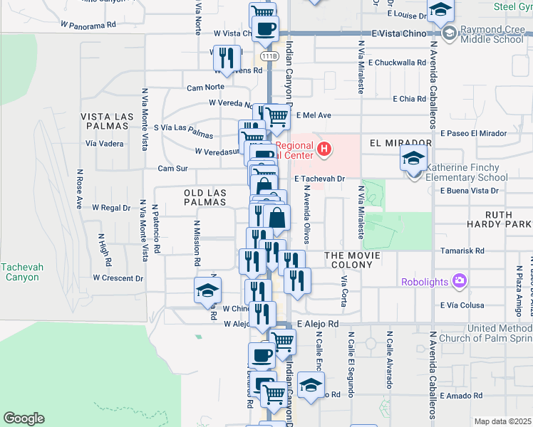 map of restaurants, bars, coffee shops, grocery stores, and more near 901 North Palm Canyon Drive in Palm Springs