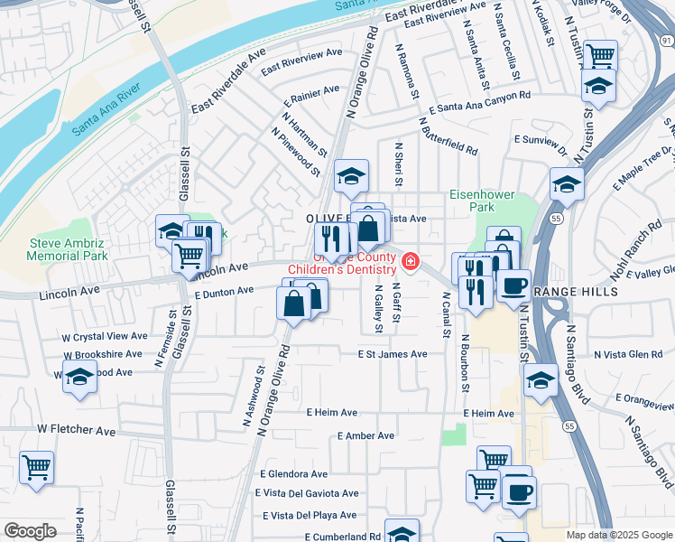 map of restaurants, bars, coffee shops, grocery stores, and more near 845 East Whitecap Avenue in Orange