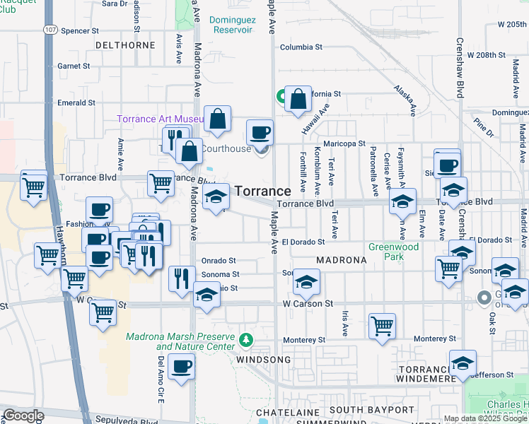 map of restaurants, bars, coffee shops, grocery stores, and more near 2550 Pacific Coast Highway in Torrance