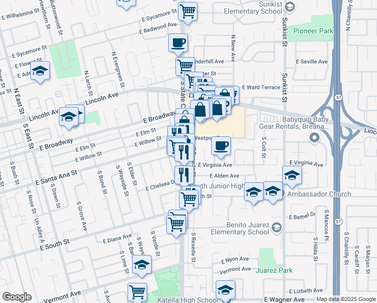map of restaurants, bars, coffee shops, grocery stores, and more near 516 South State College Boulevard in Anaheim