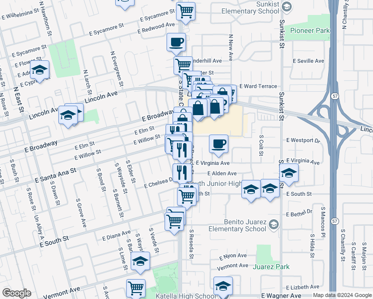 map of restaurants, bars, coffee shops, grocery stores, and more near 516 South State College Boulevard in Anaheim