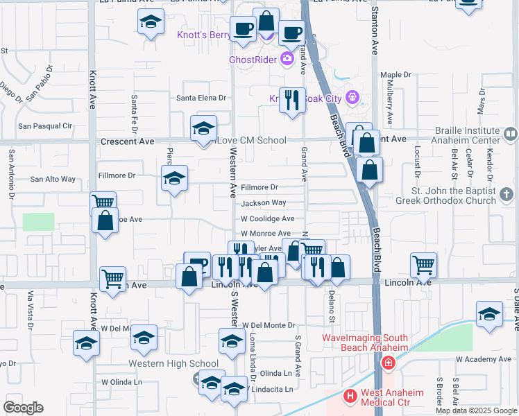 map of restaurants, bars, coffee shops, grocery stores, and more near 7590 Jackson Way in Buena Park