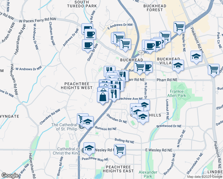 map of restaurants, bars, coffee shops, grocery stores, and more near 2900 Peachtree Street Northeast in Atlanta
