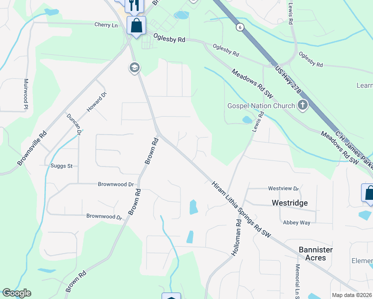 map of restaurants, bars, coffee shops, grocery stores, and more near 4895 Hiram Lithia Springs Road Southwest in Powder Springs