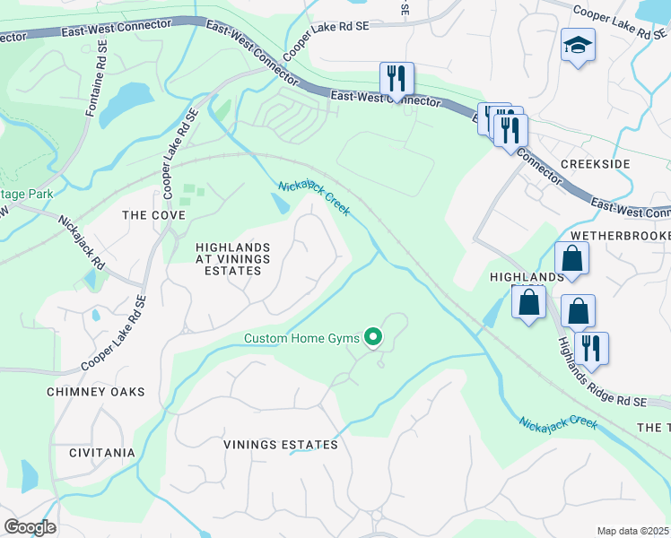 map of restaurants, bars, coffee shops, grocery stores, and more near 765 Vinings Estates Drive Southeast in Mableton