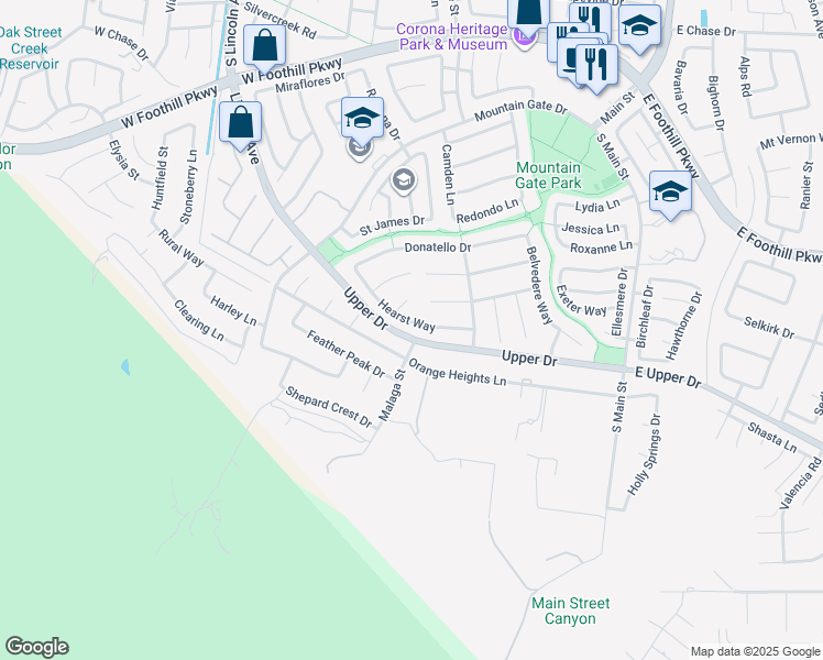 map of restaurants, bars, coffee shops, grocery stores, and more near 758 Hearst Way in Corona