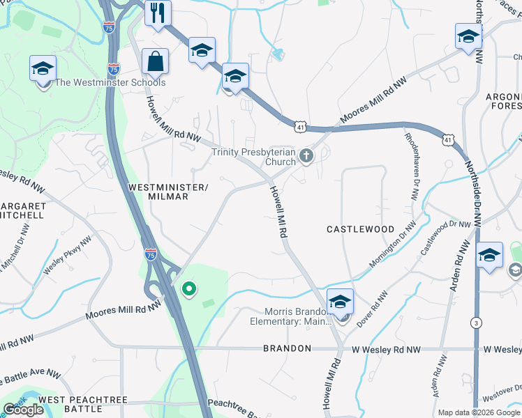 map of restaurants, bars, coffee shops, grocery stores, and more near 2952 Howell Mill Road Northwest in Atlanta