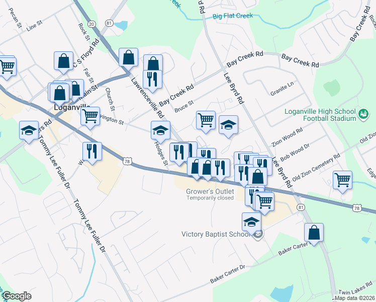 map of restaurants, bars, coffee shops, grocery stores, and more near 4589 Highway 81 in Loganville
