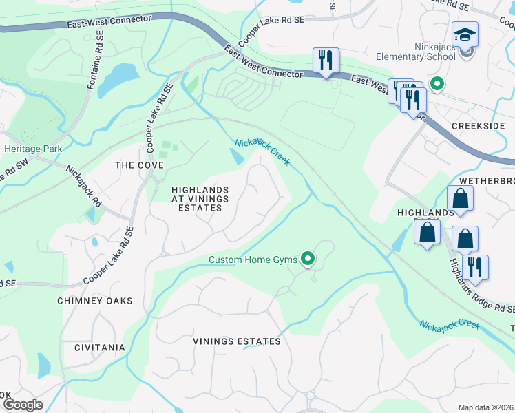 map of restaurants, bars, coffee shops, grocery stores, and more near 4932 Ridge Oak Court Southeast in Mableton