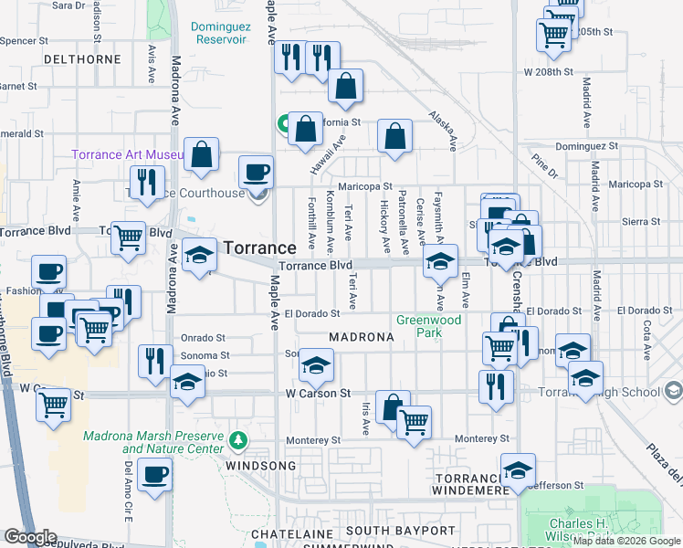 map of restaurants, bars, coffee shops, grocery stores, and more near 1219 Teri Avenue in Torrance