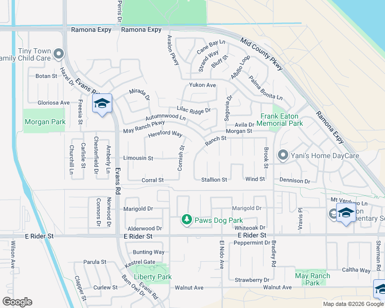 map of restaurants, bars, coffee shops, grocery stores, and more near 3518 Ranch Street in Perris