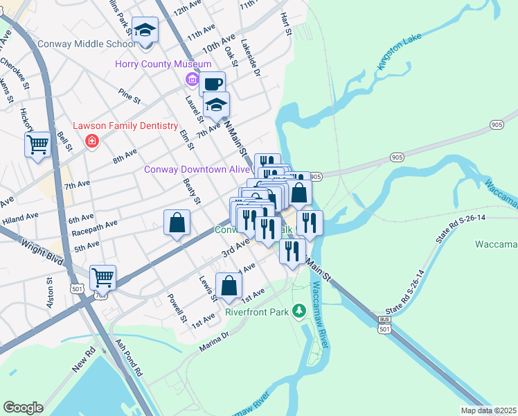 map of restaurants, bars, coffee shops, grocery stores, and more near 1021 4th Avenue in Conway