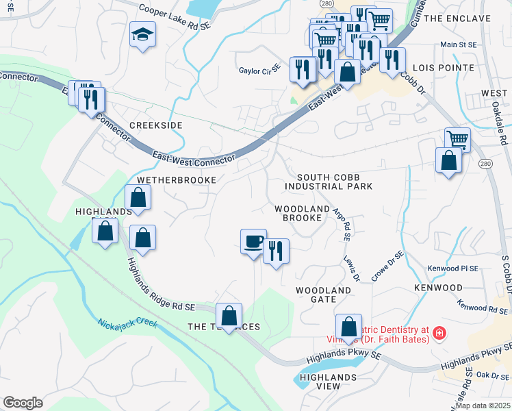 map of restaurants, bars, coffee shops, grocery stores, and more near 1558 Delford Way Southeast in Smyrna