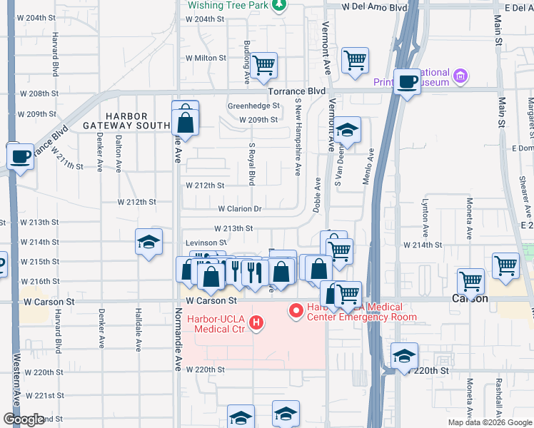 map of restaurants, bars, coffee shops, grocery stores, and more near 1042 West Clarion Drive in Torrance