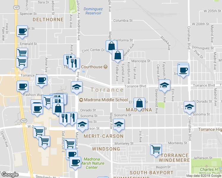 map of restaurants, bars, coffee shops, grocery stores, and more near Maple Avenue in Torrance