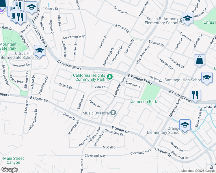 map of restaurants, bars, coffee shops, grocery stores, and more near 764 View Lane in Corona
