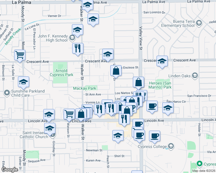 map of restaurants, bars, coffee shops, grocery stores, and more near 5645 Orchid Way in Cypress