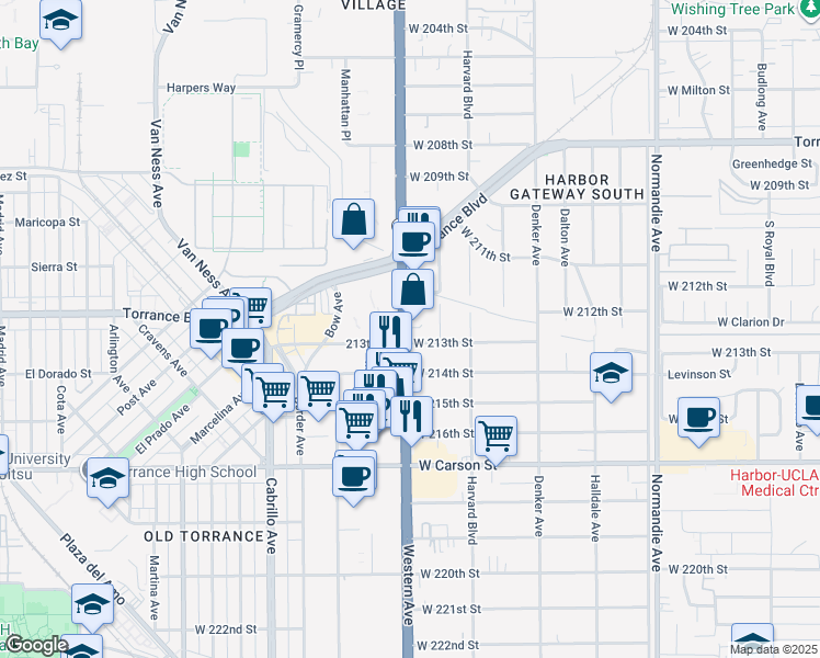 map of restaurants, bars, coffee shops, grocery stores, and more near 21381 South Western Avenue in Torrance