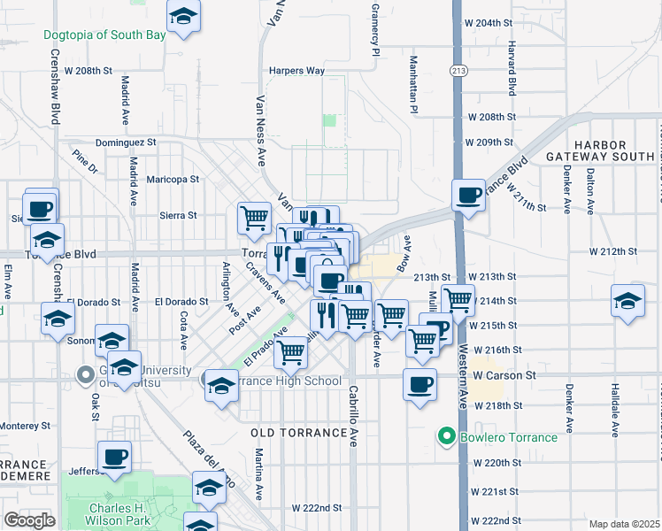 map of restaurants, bars, coffee shops, grocery stores, and more near 1261 Cabrillo Avenue in Torrance