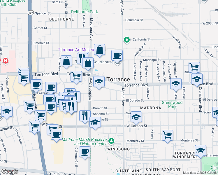 map of restaurants, bars, coffee shops, grocery stores, and more near 1301 Cordary Avenue in Torrance