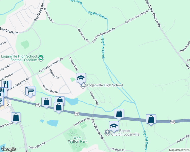 map of restaurants, bars, coffee shops, grocery stores, and more near 3239-3245 Trident Trail in Loganville