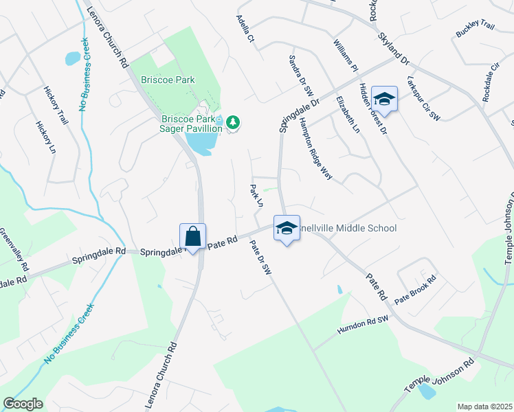 map of restaurants, bars, coffee shops, grocery stores, and more near 3107 Park Lane in Snellville