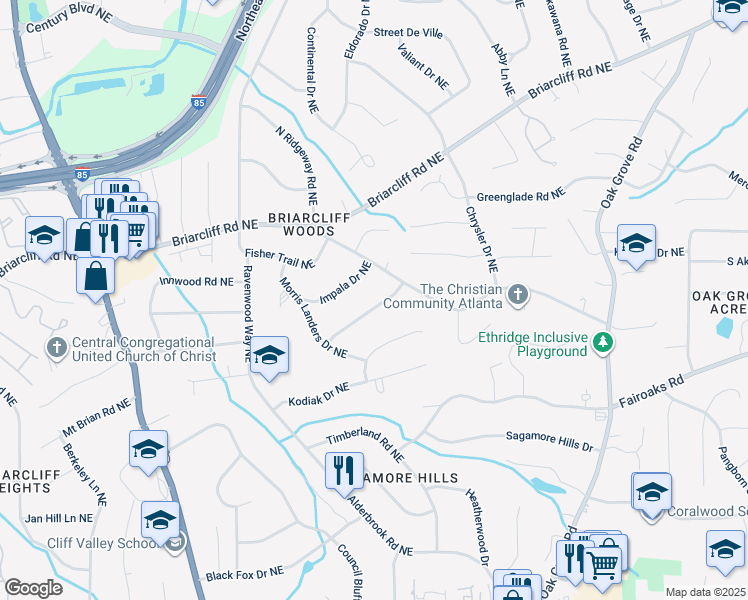 map of restaurants, bars, coffee shops, grocery stores, and more near 2189 Lebaron Drive Northeast in Atlanta