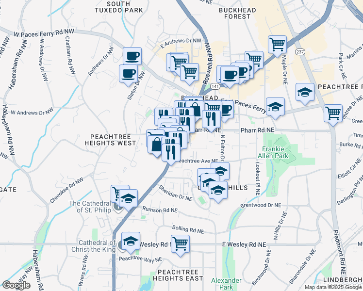 map of restaurants, bars, coffee shops, grocery stores, and more near 14 Peachtree Avenue Northeast in Atlanta