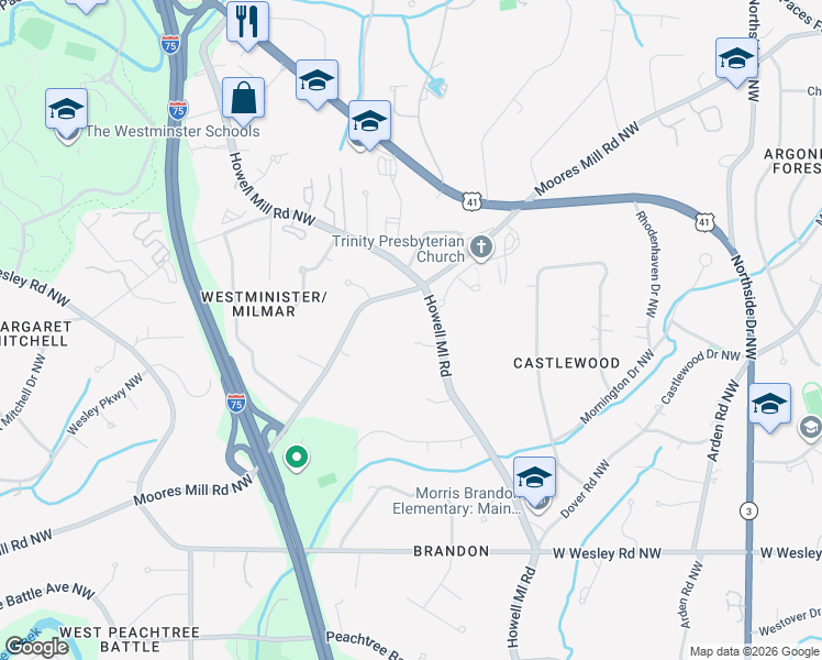 map of restaurants, bars, coffee shops, grocery stores, and more near 2952 Howell Mill Road Northwest in Atlanta