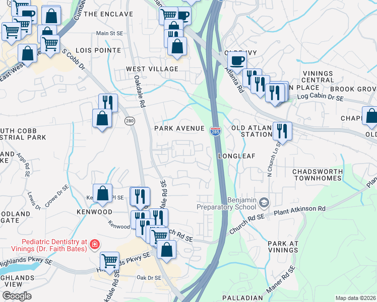 map of restaurants, bars, coffee shops, grocery stores, and more near 2387 Millhaven Street in Smyrna