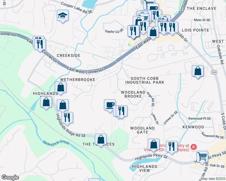 map of restaurants, bars, coffee shops, grocery stores, and more near 1558 Delford Way Southeast in Smyrna