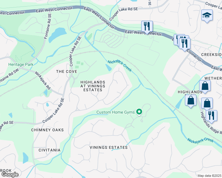 map of restaurants, bars, coffee shops, grocery stores, and more near 4933 Ridge Oak Court Southeast in Mableton