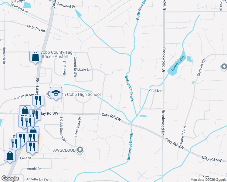 map of restaurants, bars, coffee shops, grocery stores, and more near 4869 Nesta Court Southwest in Mableton