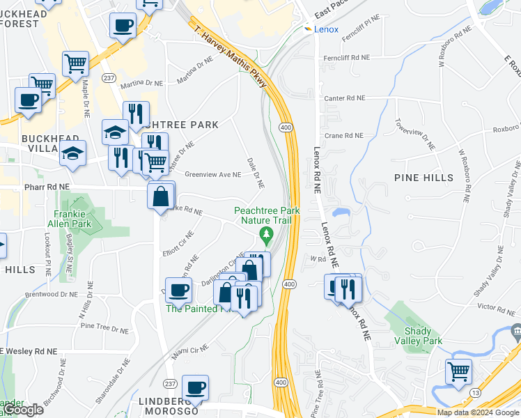 map of restaurants, bars, coffee shops, grocery stores, and more near 2977 Dale Drive Northeast in Atlanta