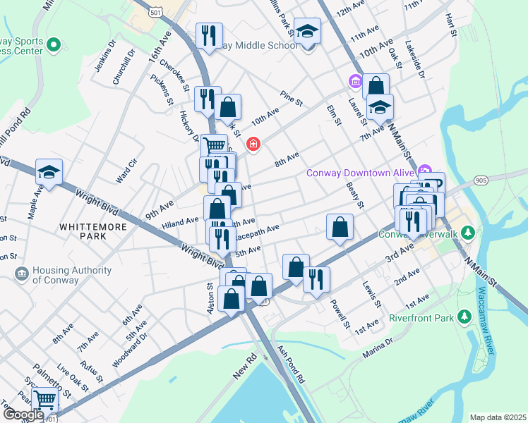 map of restaurants, bars, coffee shops, grocery stores, and more near 601 Smith Street in Conway