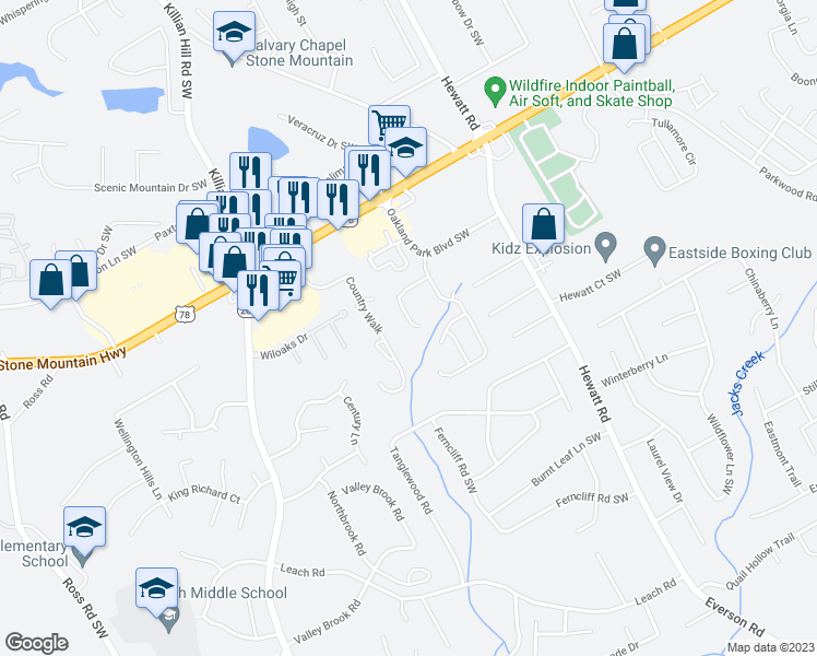 map of restaurants, bars, coffee shops, grocery stores, and more near 3777 Oakland Spring Court in Snellville