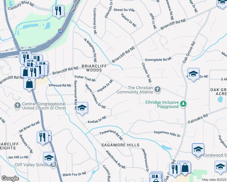 map of restaurants, bars, coffee shops, grocery stores, and more near 2189 Lebaron Drive Northeast in Atlanta
