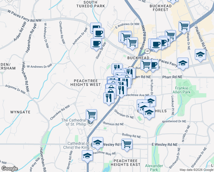 map of restaurants, bars, coffee shops, grocery stores, and more near 2965 Pharr Ct S in Atlanta