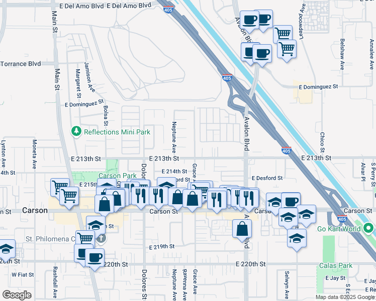map of restaurants, bars, coffee shops, grocery stores, and more near 430 East Clarion Drive in Carson