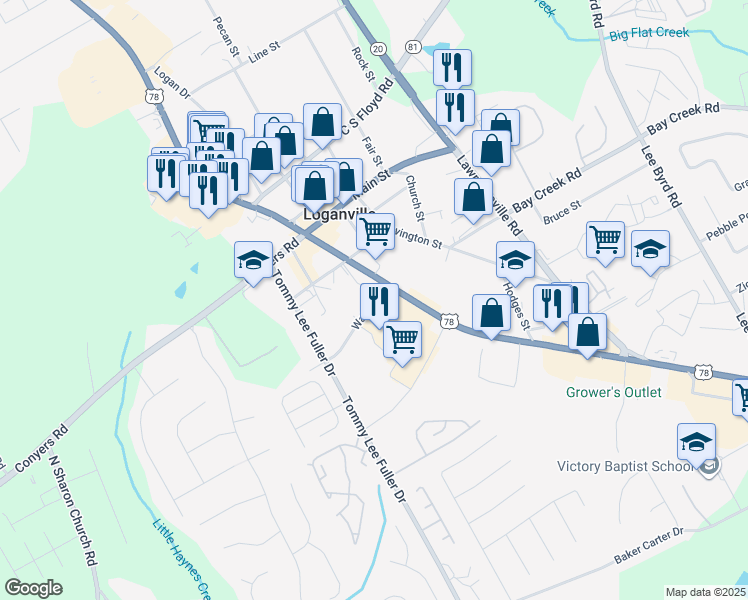 map of restaurants, bars, coffee shops, grocery stores, and more near 4495 Georgia 10 in Loganville