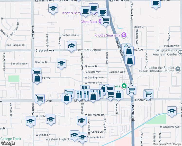 map of restaurants, bars, coffee shops, grocery stores, and more near 7590 Jackson Way in Buena Park