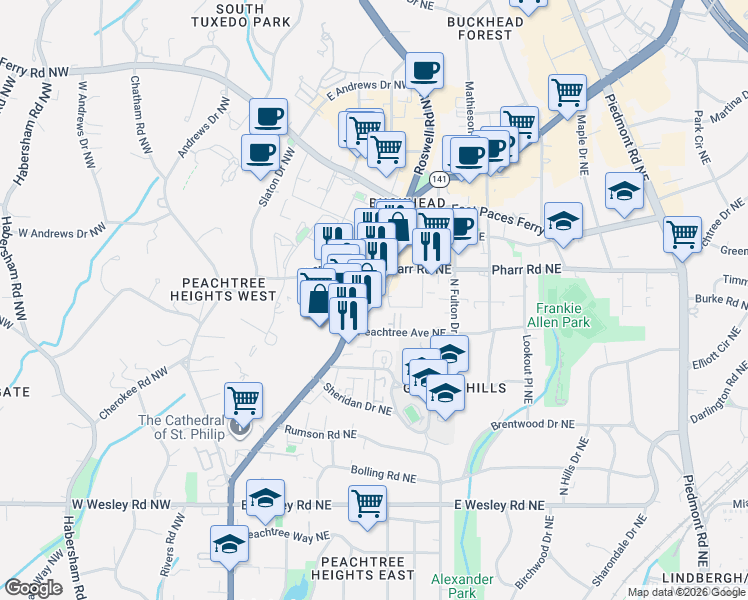 map of restaurants, bars, coffee shops, grocery stores, and more near 2965 Peachtree Road in Atlanta