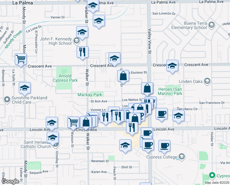 map of restaurants, bars, coffee shops, grocery stores, and more near 5645 Orchid Way in Cypress