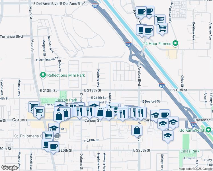 map of restaurants, bars, coffee shops, grocery stores, and more near 430 East Clarion Drive in Carson