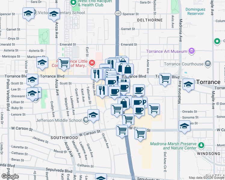 map of restaurants, bars, coffee shops, grocery stores, and more near 21305 Hawthorne Boulevard in Torrance
