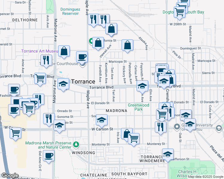 map of restaurants, bars, coffee shops, grocery stores, and more near 1203 Teri Avenue in Torrance