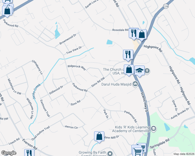 map of restaurants, bars, coffee shops, grocery stores, and more near 3326 Sims Road Southwest in Snellville