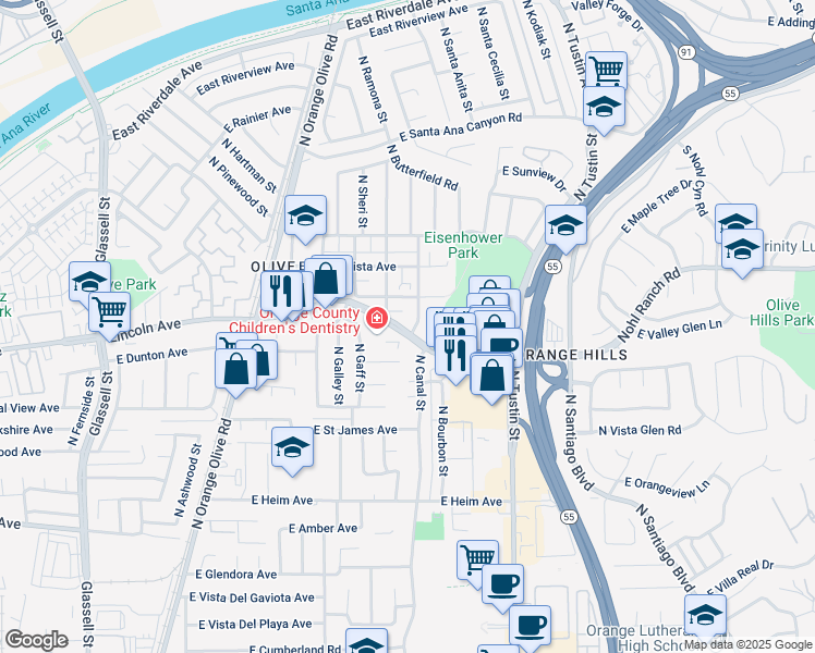 map of restaurants, bars, coffee shops, grocery stores, and more near 1289 East Lincoln Avenue in Orange
